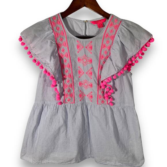 Lilly Pulitzer Embroidered Peplum Top Boho Pom Pom Flutter Sleeve XS - Picture 3 of 12